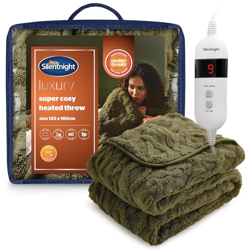 Silentnight Luxury Super Cosy Heated Throw - Snuggly Soft Knit Jacquard Fleece Electric Blanket for Sofa Bed with 9 Heat Settings - Fast Heat-up and Safe Shut Off - Machine Washable - 120x160cm Olive