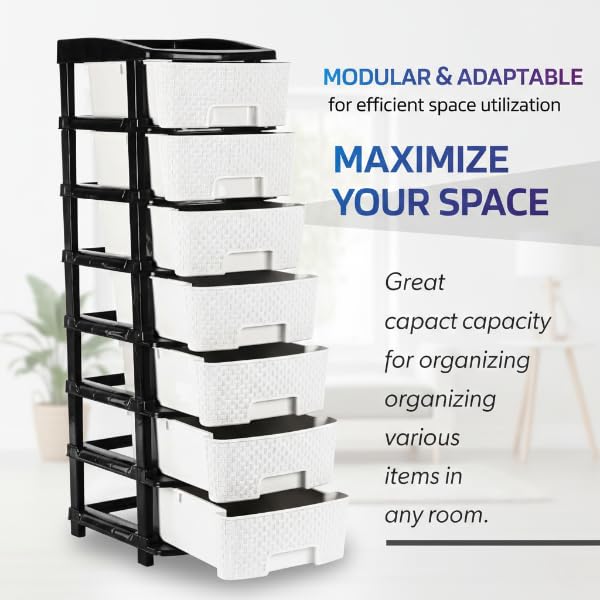 Image of KITCHIVO Plastic Modular Drawer Storage Chest Of Drawers Organizer Storage Box, Large Stomo Racks For Multipurpose Anti-slip Shoes Organizers (White & Black, 7 Layer)