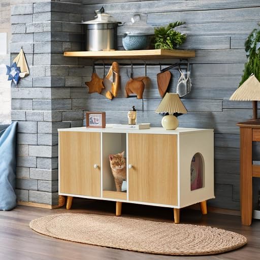 Miniatura 5 de Caja de arena para 2 gatos Armario doble oculto para gatos de 42.5 pulgadas con almohadilla para rascar gran espacio para interiores y mascotas,