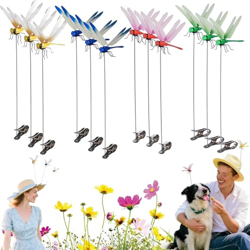 12Pack Dragonfly Dragon Fly Clips, 3D Garden Outdoor Flying Butterflies Decorations Fake to Keep Away Metal Bamboo Stakes Decorative Yard Ornaments Hat Golf Moving
