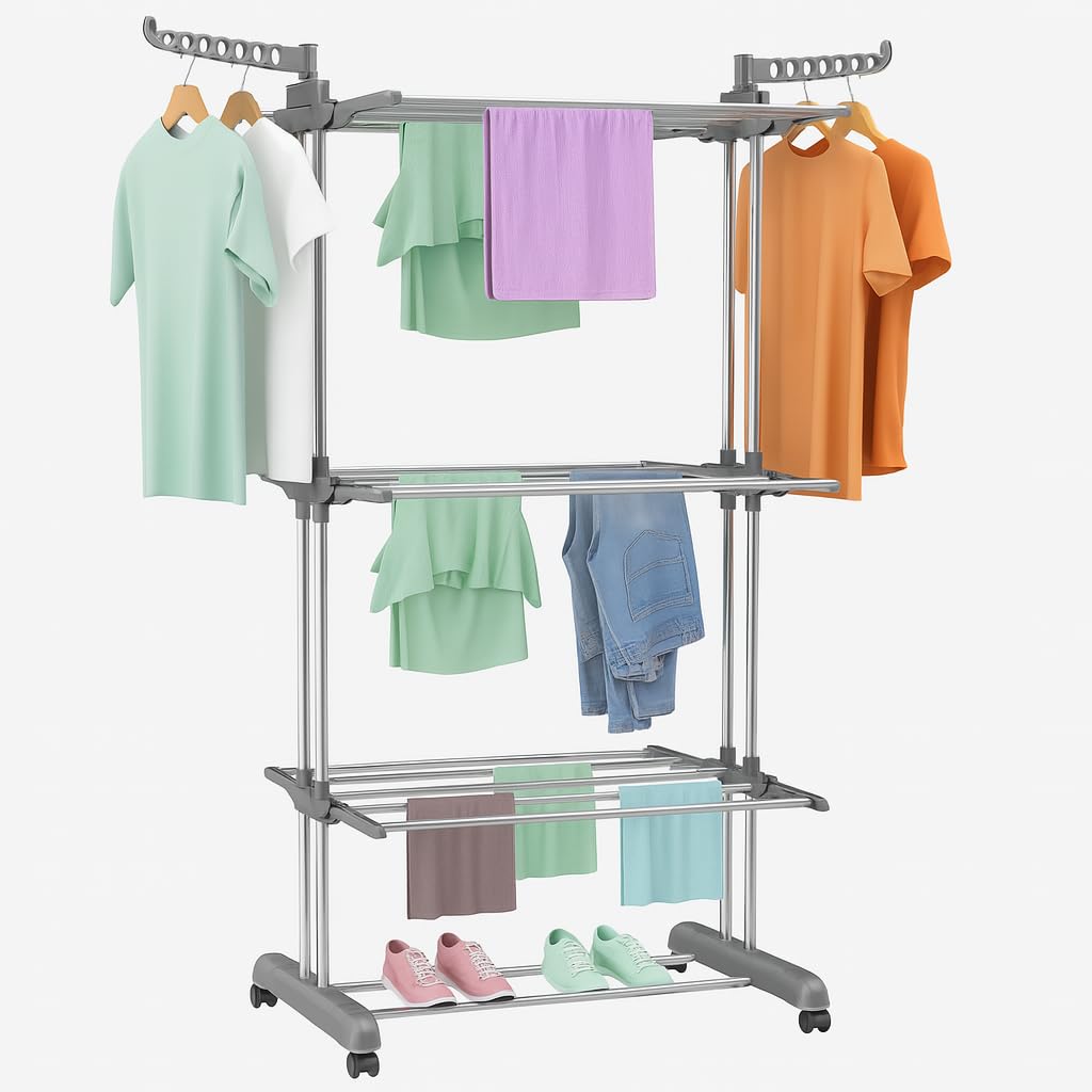 Burakh Grey Airer Clothes Drying Rack – 4 Tier Foldable Laundry Dryer With Wheels – Stainless Steel Clothes Horse For Indoor & Outdoor Use – Adjustable Garment Hanger With Side Wings (Grey)