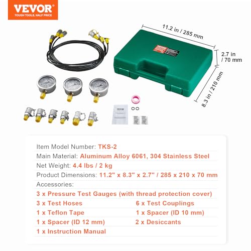 VEVOR Hydraulikdruck-Testset, 250/400/600 bar, 3 Messgeräte, 6 Testkupplungen, 3 Testschläuche, Bagger-Hydraulik-Testmanometer-Set mit Tragbarer Tragetasche für Bagger, Traktoren, Baumaschinen