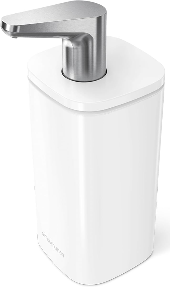 Bomba de pulso, dispensador de jabón manual de 10 oz para cocina y baño, acción de empuje suave y precisa, boquilla antigoteo, bomba de jabón líquido recargable, acero blanco