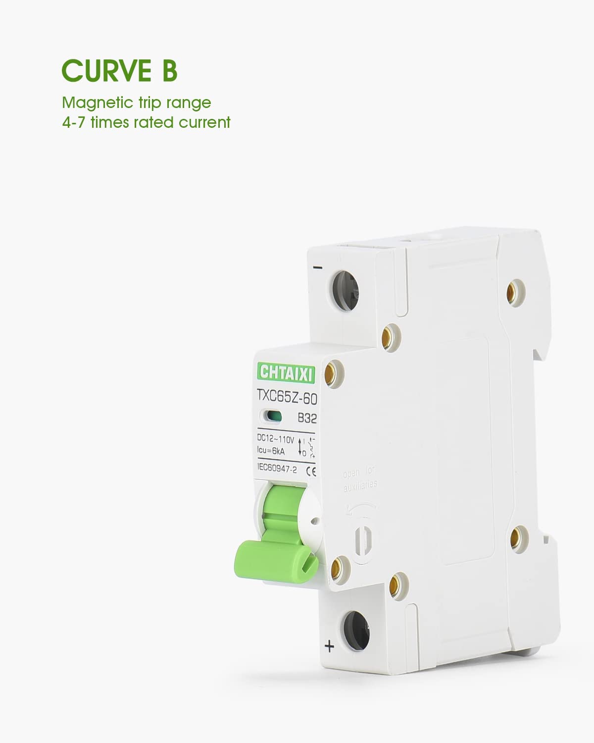 Interruttore automatico in miniatura, 12 V-110 V CC, 32 Amp 1 polo, protezione per interruttore batteria per sistemi solari fotovoltaici e camper, viaggio magnetico termico, montaggio su guida DIN