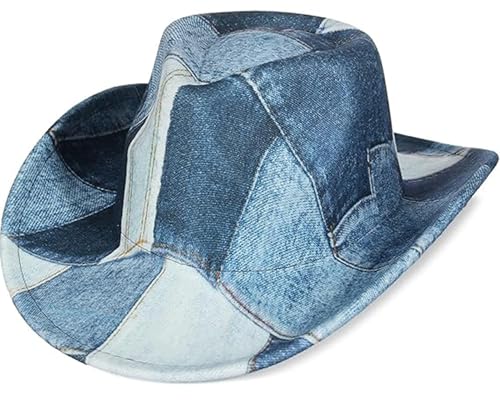 EOZY Tie Dye Denim Patchwork Cowboy Hat for Women Men Western Wide Brim Costume Party Hat/Light Blue