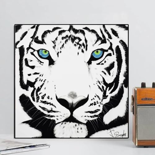 Toile murale tigre noir et blanc yeux verts 50x50cm sans cadre pour salon