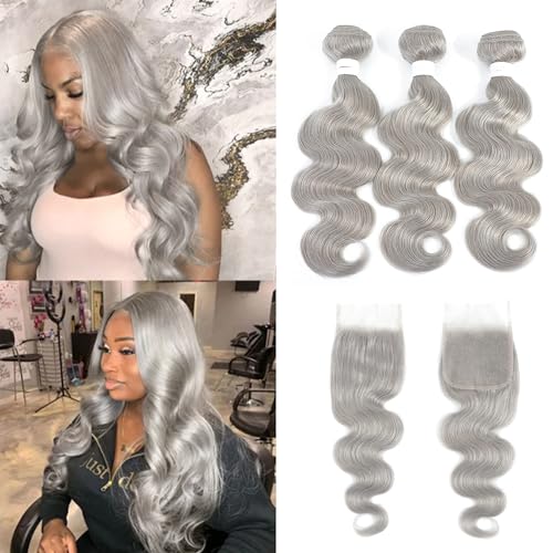 Body Wave Grey Human Hair 3 Bundles With Closure (12 14 16+10Closure) Brazilian 100% Remy Silver Human Hair Weave Bundles With Closure 4x4 Swiss Free Part Closure