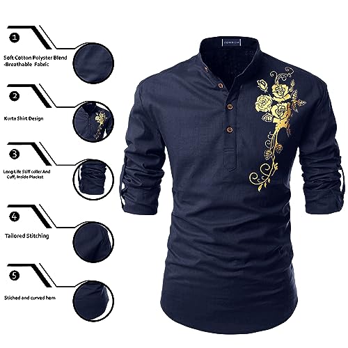 Image of Zombom Men's Casual Cotton Polyester Blend Printed Full Sleeve Short Kurta Shirt