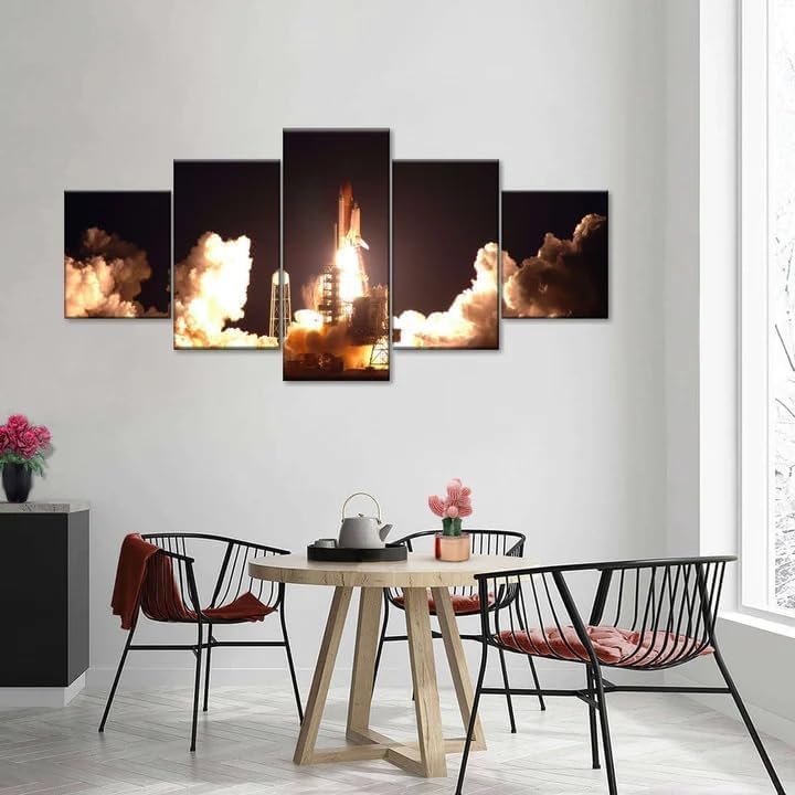 Impression Sur Toile 5 Pieces Tableau Mural Pour Salon Vue Nocturne Ville Moderne 150x80cm
