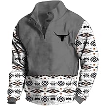 Mens Aztec Cowboy Hoodie Western Native American Tops Vintage Ethnic Bull Skull Print Casual Long Sleeve Button Up Oversized Crewneck Sweatshirt Graphic Shirts with Pockets,L