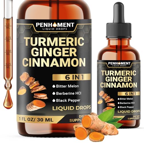 PENHOMENT 6in1 Liquid Turmeric Ceylon Cinnamon Berberine Ginger Bitter Melon & Black Pepper – Turmeric Supplement Drops for Digestive Health & Mobility – 1 FL OZ – 60 Servings