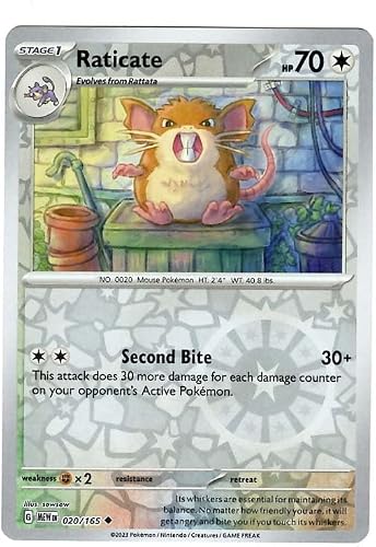 Pokemon - Raticate 020/165 - Pokemon 151 - Feuille inversée - Carte unique