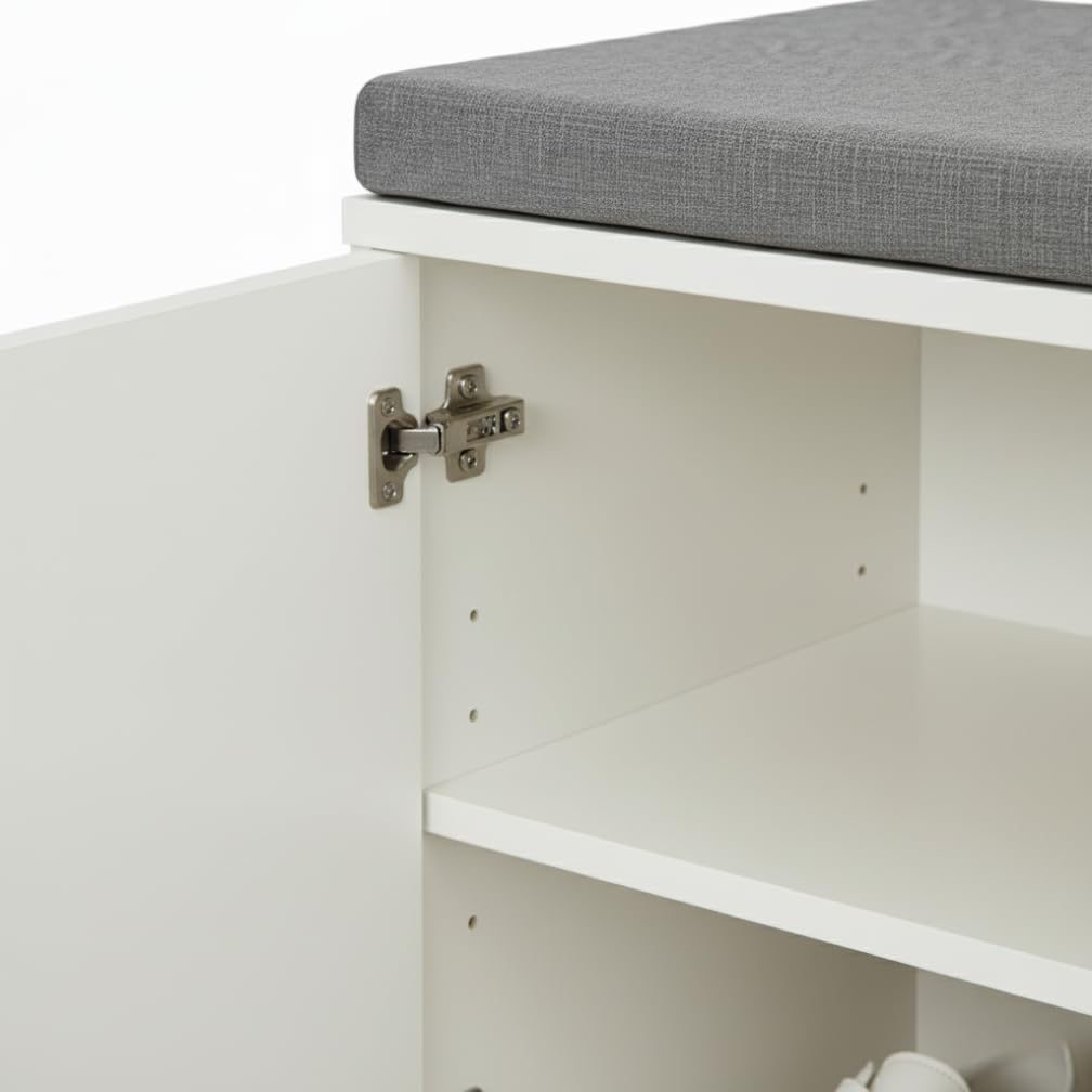 MAKA Scarpiera Panca Ingresso con Seduta, Portascarpe con Cuscino Imbottito L80xP35xA46, Capacità Seduta 200 Kg, Scarpiera con Scomparti a Scaffale, Legno Resistente (Bianco)