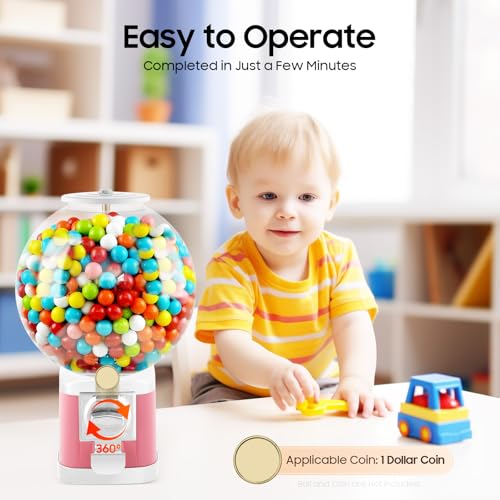 1 Dollar Gumball Toy Vending Machine, Commercial Twister Ball Dispenser with 2 Keys Candy Big Capsule Machine Capacity 500Pcs 1.26Inch Balls for Retail Stores, Game Halls & Amusement Parks(Pink)