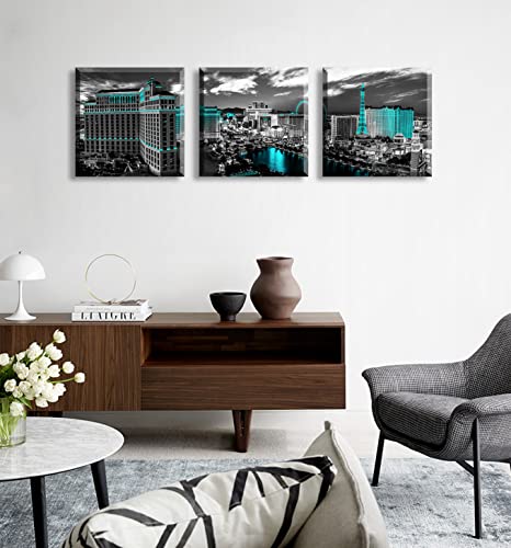 Blinfeiru Las Vegas Skyline Wall Art Teal Wall Decor For Office Bedroom Black And White City Night View Skyscraper Posters Canvas Prints 3 Panel Nevada Cityscape Artwork For Home Decorations Framed #TOP4