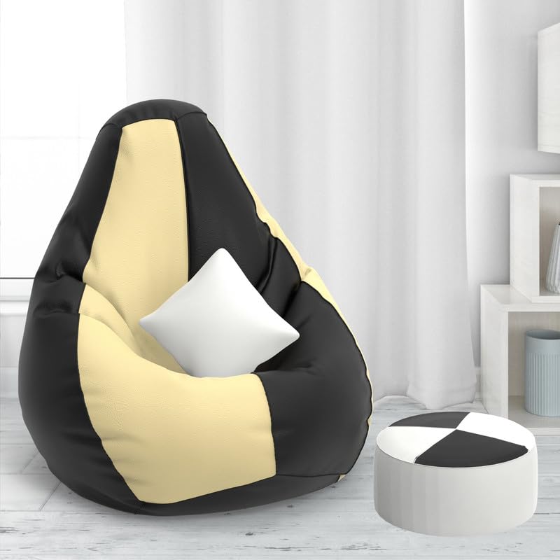 ComfyBean Bag with Beans Filled XXXL Bean Bag with Free Cushion and Footrest - Official : ZenSack(Color : Black Cream)