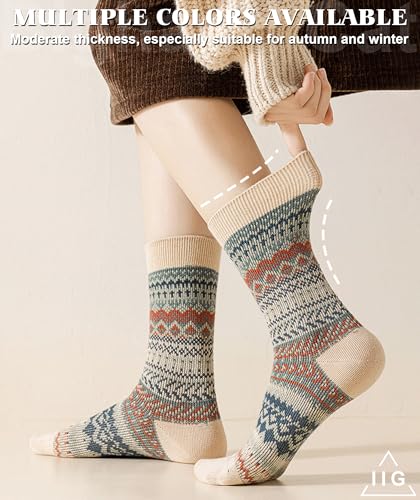 Image of IIG 3-5 Pairs Womens Vintage Cozy Crew Socks Soft Cute Neutral Cotton Socks Exquisite Patterns Socks Gift