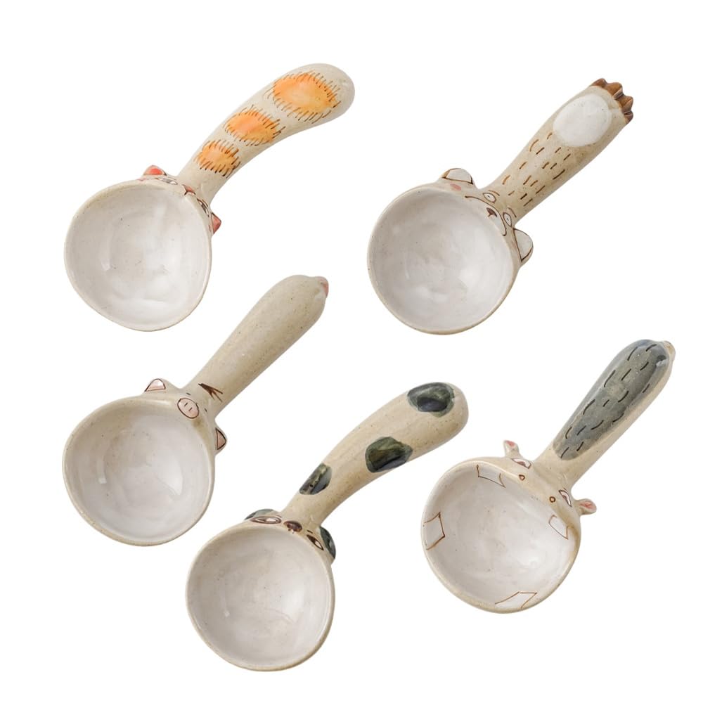 Lot de 2 cuillères à soupe en céramique faites à la main avec manche court pour crème glacée et riz (assortiment de 5 pièces)