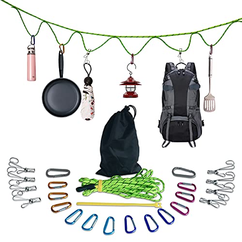 FOGEEK Camping Storage Strap Idea Camping Accessories for Tent Campers, Camping Gear Lanyard 16ft Adjustable with 14 Hocks and 8 Clothespins for Hanging Outdoor,Garden,Hammock, Camping Clothesline