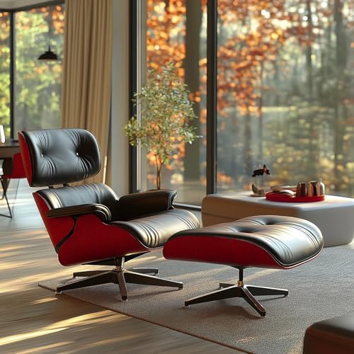 Image of Top Black Grain Leather, Mid Century Chaise Lounge Chair and Ottoman, Modern Chair Classic Design, Red Rosewood, Heavy Duty Base Support for Living Room Office