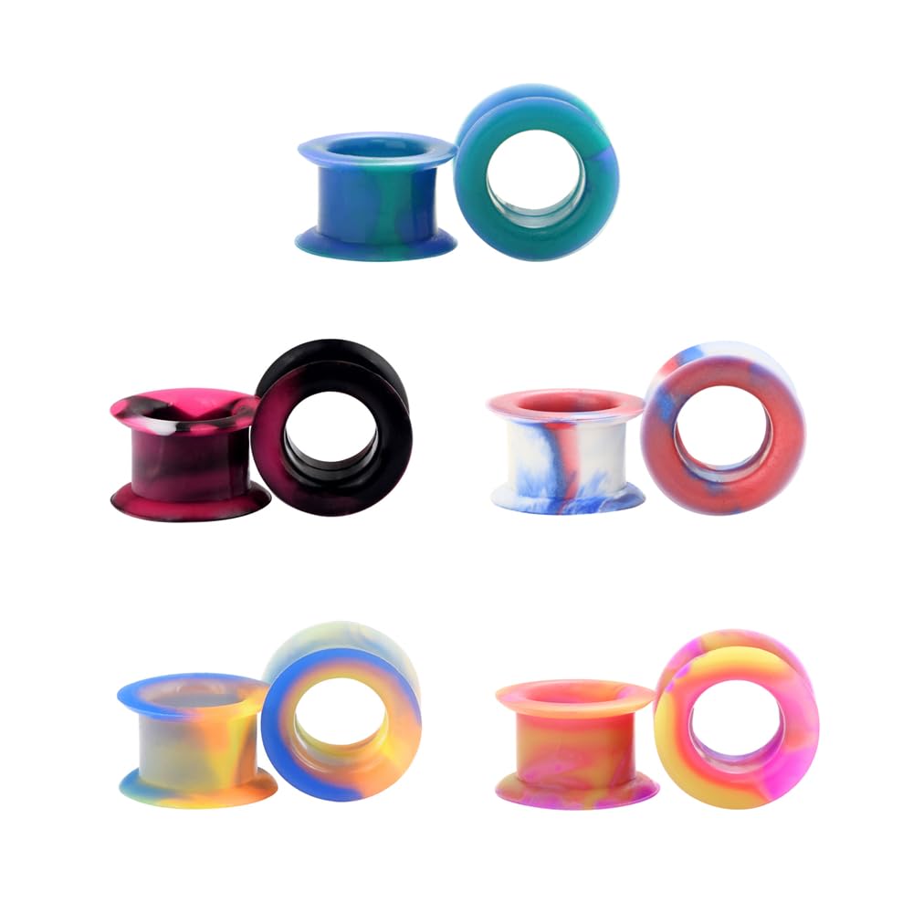 Heuvipens 10pc Assorted Mix Color Flexible Thick Silicone Ear Plug Double Saddle Flesh Tunnel Gauge for Ear Expander Lobe Piercing 6g - 1"