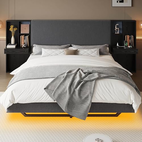 Image of LIKIMIO Modern Queen Bed Frame with Built-in Bookcase Headboard, Floating Upholstered Platform Bed with Storage Shelves and LED Lighting, No Box Spring Needed, Dark Gray /Black