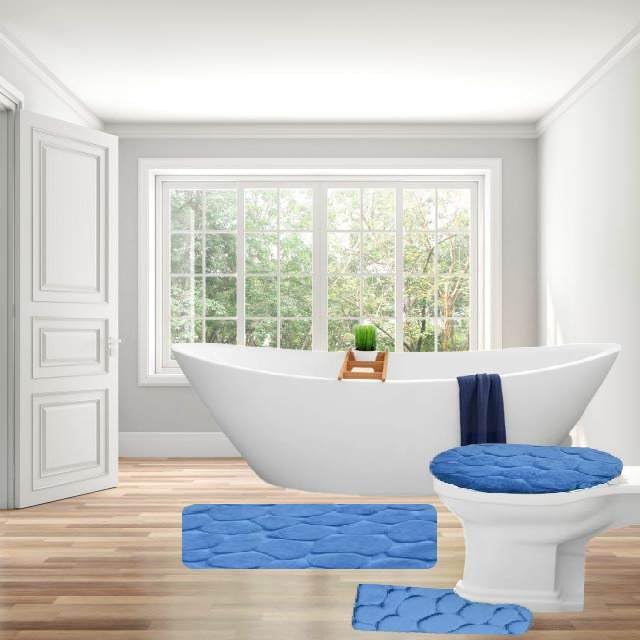 3 Piece Memory Foam Bathroom Rug Bath Mats Set Rock Stone Design (Blue)
