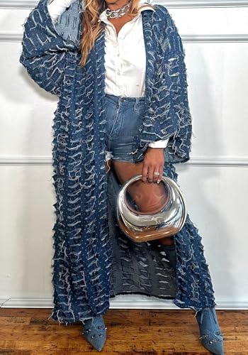 Women's Oversized Ripped Denim Long Cardigan Distressed Hollow Open Front Kimono Robe Duster Jean Jacket Coat3