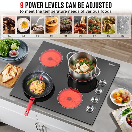 Image of Karinear 24 Inch Electric Cooktop 4 Burners Electric Stove, Knob Control | 6000W High Power Radiant Ceramic Cooktop, Built-in Design, 220-240V Hardwire, No Plug, Overheat Protection(Silver Knob)