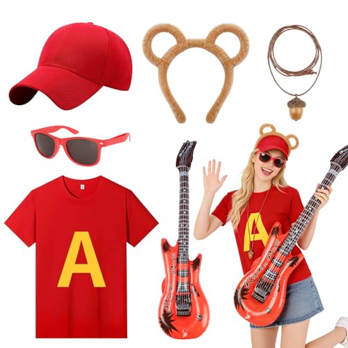 6Pcs Chipmunks Costume Set for Adults Chipmunk Fancy Dress Set with T-Shirt Baseball Cap Chipmunk Ears Headband Glasses Acorn Necklace Inflatable Guitar for World Book Day Halloween Cosplay Party