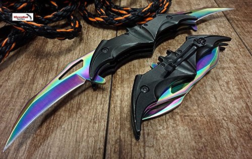 New! Batman Dark Knight Bat Spring Assisted Open Folding Double Blade Dual Twin 3 Colors Pocket Knife Tactical Belt Clip Black Gold Rainbow Knives Great Gift (Rainbow)