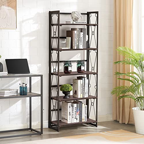 Vecelo Bookshelf, 5 Shelf Folding Bookcase No Assembly, Industrial Metal Standing Shelves Organizer For Living Room, Bedroom And Office, Teakwood Brown #TOP7
