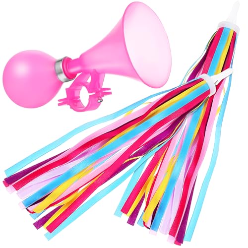 BESPORTBLE Kids Bike Horn with Rainbow Streamers, Children's Bicycle Bell and Handlebar Tassels, Fun and Safe Bike Accessories for Girls or Boys, 5.90 X 2.75 X 2.75 Inches, Pink