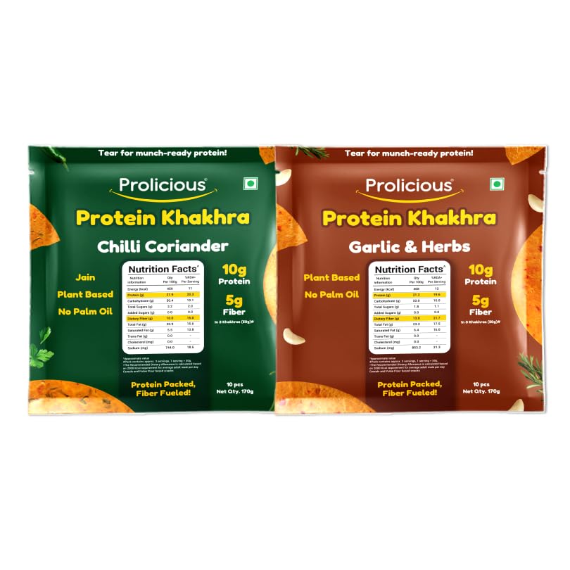 Prolicious 2X Protein Chilli Coriander & Garlic & Herbs Khakhra | NO Palm Oil | Crispy | Ready to Eat | Flavourful | High Protein Healthy Anytime Snack (170gm Each Pack of 2)-image-26