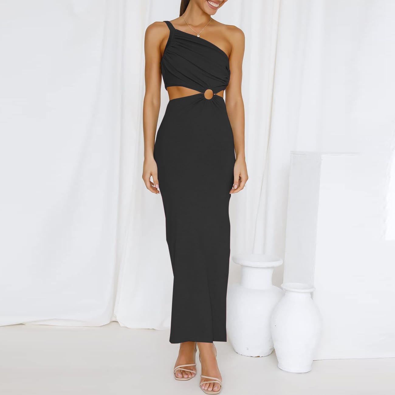 Vestito da Donna Abito Una Spalla Pieghettato Schiena Nuda Chiffon Elegante Tubino Festa Cocktail Abito da Damigella della Sera e Cerimonia Matrimonio Lady Dress