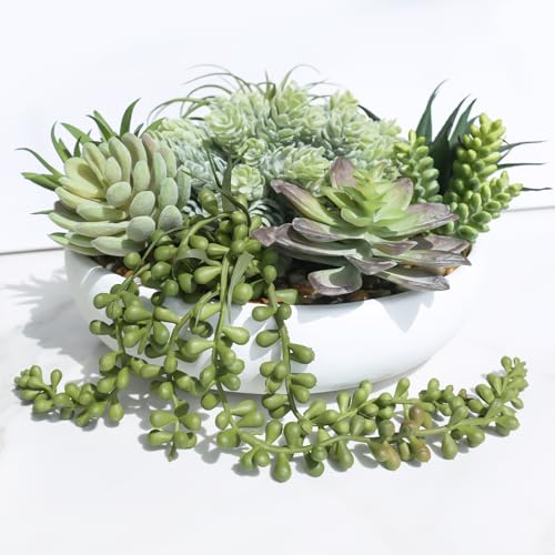 Winlyn 9' Artificial Potted Succulent Plants Arrangement Assorted Faux Succulents in White Round Concrete Planter Fake Succulent Bowl for Home Garden Wedding Centerpiece Mantel Table Greenery Décor