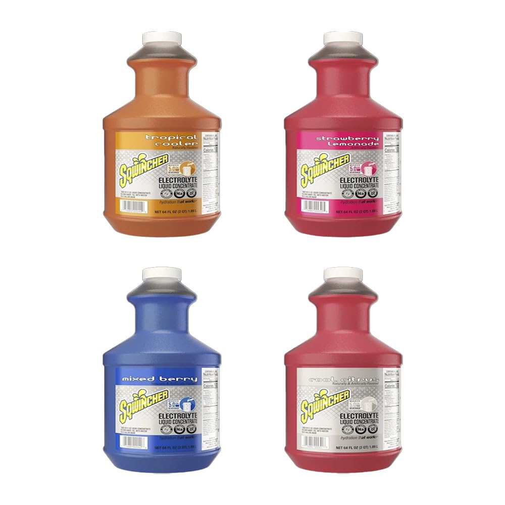 64 oz Liquid Electrolyte Concentrate, The Exotic Energy Assortment (Tropical Cooler, Strawberry-Lemonade, Mixed Berry & Cool Citrus), Professional Bulk Hydration, High-Yield Concentrate