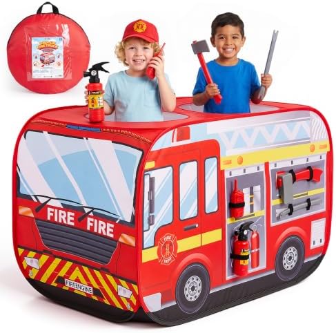JOYIN Fire Truck Pop-Up Play Tent for Kids Ages 3+ – Instant Setup Playhouse with 5 Interactive Firefighter Accessories, Foldable Indoor/Outdoor Firetruck Toy Gift for Boys & Girls