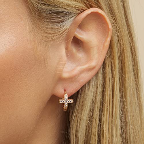 Barzel 18K Gold Plated Crystal Huggies Cross Earrings For Women - Made In Brazil #TOP2