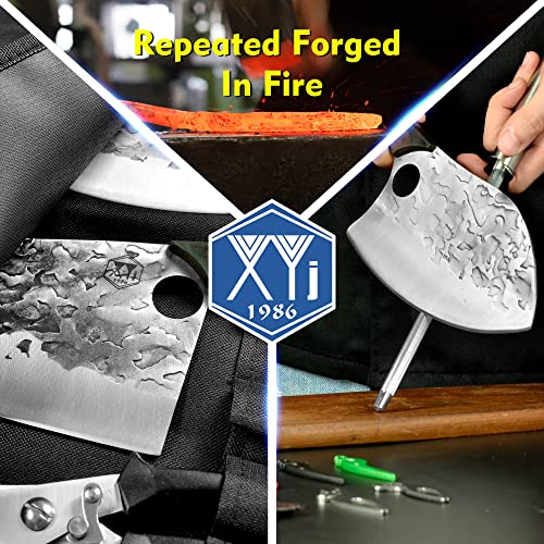 Xyj Authentic Since 1986,Hammer Forged Serbian Chef Knife Set,4Pcs Butcher Knives With Roll Bag,Scissor,Whetstone,Mini Knife,Sharpener Rod,Finger Hole Design,Full Tang,High Carbon Steel #TOP3