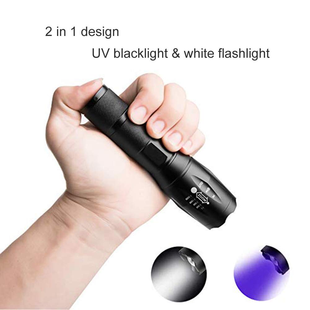EverBrite Torcia a LED, torcia multifunzione con luce UV e bianca, 395 nm, luce nera, 300 lumen, torcia ad alta potenza per campeggio, emergenze, macchie di urina di animali domestici, batterie AA