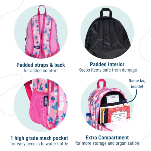 Image of Wildkin 15 Inch Backpack for Kids, Llamas and Cactus | Ages 5-10, padded straps, side water bottle pocket - coordinates with matching Wildkin lunch boxes and water bottles