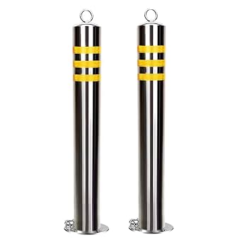 Removable Parking Barrier Post with Lock, Heavy Duty Stainless Steel Parking Barrier Post with Reflective Tape, for Driveway, Construction & Commercial UseYellow - 2PCS,60cm/23.6in