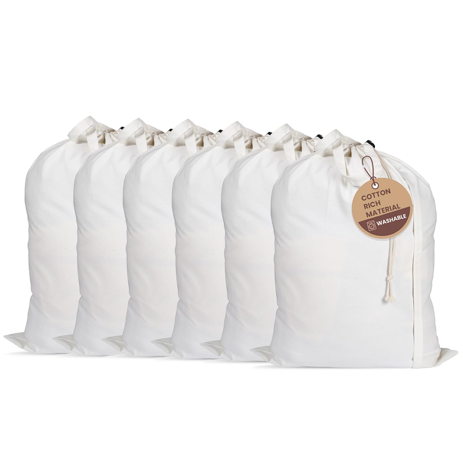 LFH Home Cotton Rich Large Laundry Bag with Handle, Heavy Duty Drawstring Closure Washable Laundry Bags, School Travel, Home, Hotel, College Dorm, Organizer Sack, Toy Clothes 24x36 (Pack of 6)-White