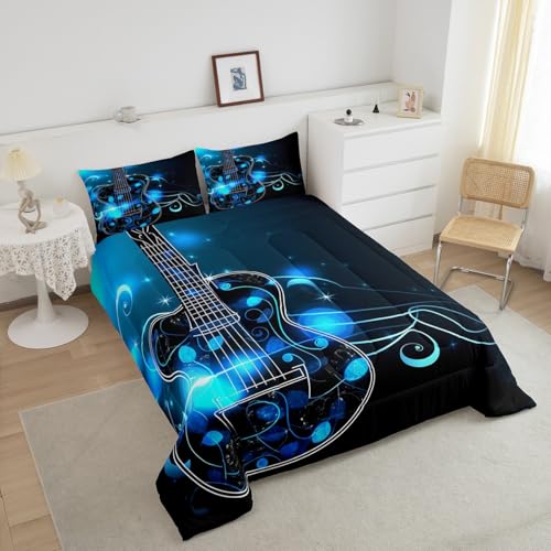 Feelyou Guitar Comforter Set Music Guitar Decor Bedding Set for Kids Boys Girls Rock Music Themed Comforter Musical Instruments Blue Quilt Set with 2 Pillowcases 3Pcs Bedding Full by Feelyou - Used condition - Image 3