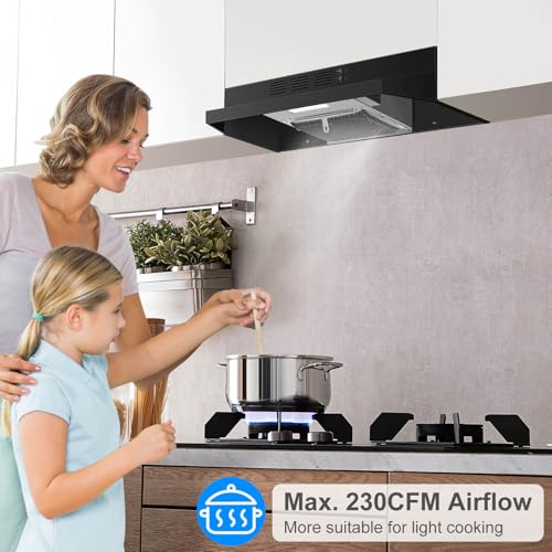 SNDOAS Black Range Hood 24 inch,Ductless Range Hood Under Cabinet,Black Coating Stainless Kitchen Exhaust Hood with 2-speed Fan,230 CFM,Rocker Switch,Hard-wired Stove Vent Black Ventless