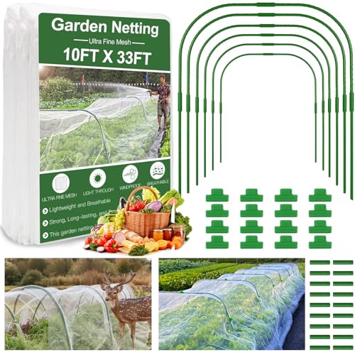 Aoipend Garden Mesh Netting Kit, 10 * 33ft Ultra Fine Netting with 6pcs Garden Hoops for Raised Beds, Plants Cover Net for Vegetable Fruit, Animals Barrier Protection Greenhouse Row Cover by Aoipend - Used condition - CA$51.59
