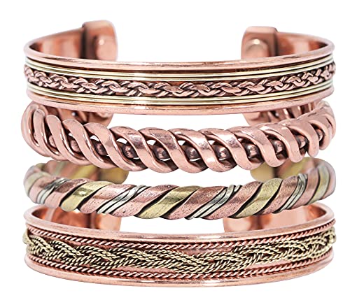 Crocon Tibetan Adjustable Bangle Copper Bracelets for women and men set of 4 Indian pattern Spiritual Meditation Gorgeous Collection Ideal Gift for her & him Yoga copper Jewelry Unisex