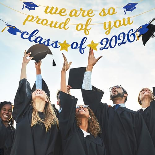 Image of Graduation Banner 2026, Gold Glitter-We Are So Proud of You Graduation Party Decorations Congratulations Banner Blue and Gold Class of 2026 Congratulations Decorations