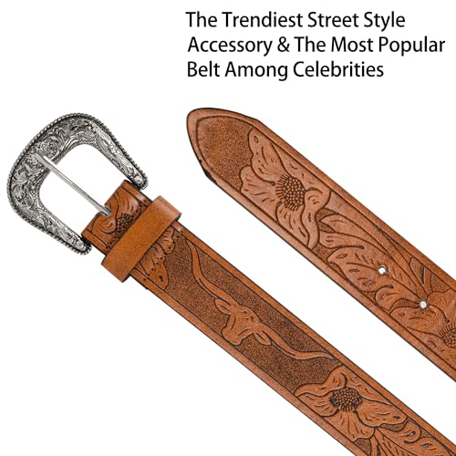 UTOWO Adjustable Vintage Western-Belts for Women Men - Engraved Buckle Cowgirl-Cowboy-Belt for Jeans fit 28-38" waist4